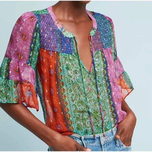 Anthropologie Akemi + Kin “Antonella” Multi-Color Boho Peasant Top – Size M - Picture 1 of 8